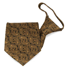 Load image into Gallery viewer, Dark brown and antique gold paisley zipper tie, folded front view