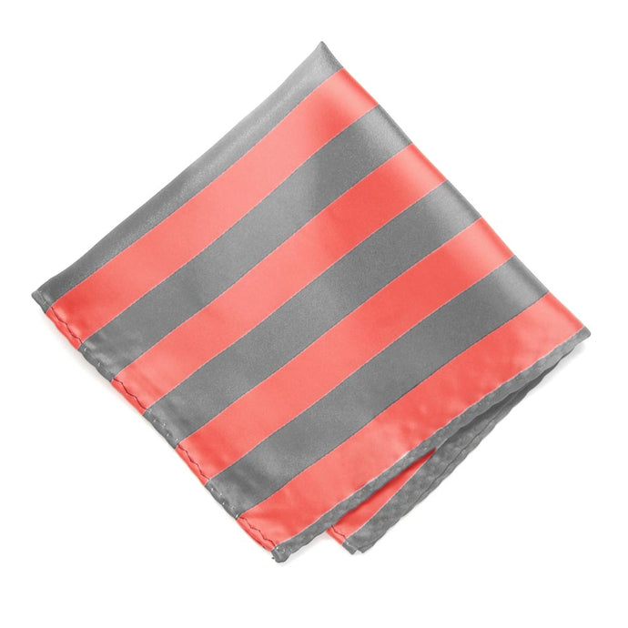 Bright Coral and Gray Striped Pocket Square