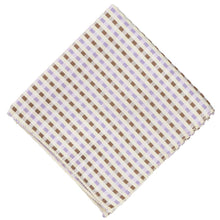 Load image into Gallery viewer, Folded view of a cream, tan and light purple plaid pocket square