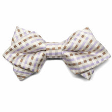 Load image into Gallery viewer, Cream, tan and light purple diamond tip bow tie, front view