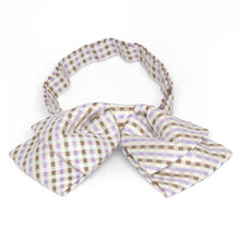 Load image into Gallery viewer, Cream, tan and light purple plaid floppy bow tie, front view