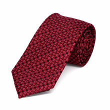 Load image into Gallery viewer, Crimson red and black square pattern slim necktie, rolled view to show texture