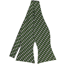 Load image into Gallery viewer, Dark green and white plaid self-tie bow tie, untied flat front view