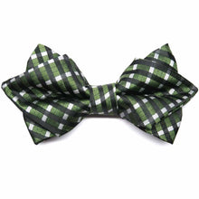 Load image into Gallery viewer, Dark green and white plaid diamond tip bow tie, front view