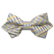 Load image into Gallery viewer, Silver and yellow plaid diamond tip bow tie, front view