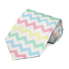 Load image into Gallery viewer, A rolled white tie with a pink, yellow, green and blue chevron pattern going down the length of the extra long tie