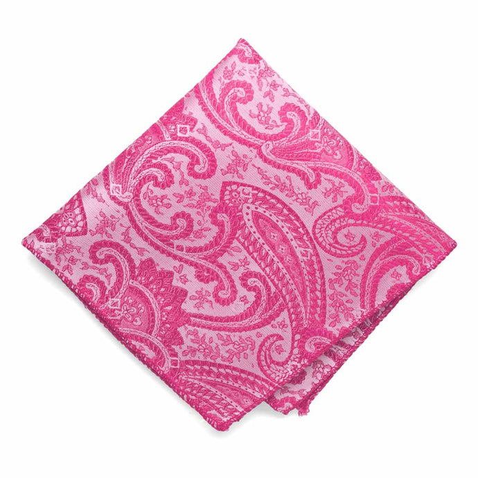 Bright fuchsia paisley pocket square, flat front view