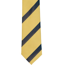 Load image into Gallery viewer, The front of a light gold tie with navy blue ribbed stripes