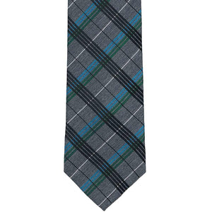 The front of a gray plaid tie with jewel tone accents  Edit alt text