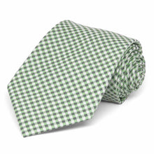 Load image into Gallery viewer, Green and white gingham extra long tie, rolled to show details up close