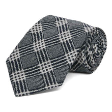 Load image into Gallery viewer, Black and gray plaid extra long tie, rolled to show off the rich woven texture