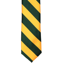 Load image into Gallery viewer, The front of a hunter green and golden yellow striped tie, laid out flat