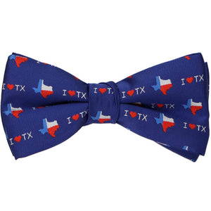 A blue bow tie with an I love Texas pattern