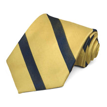 Load image into Gallery viewer, Rolled view of a light gold and navy blue extra long necktie