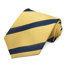 Load image into Gallery viewer, Light gold and navy blue striped extra long tie, rolled to show texture of stripes