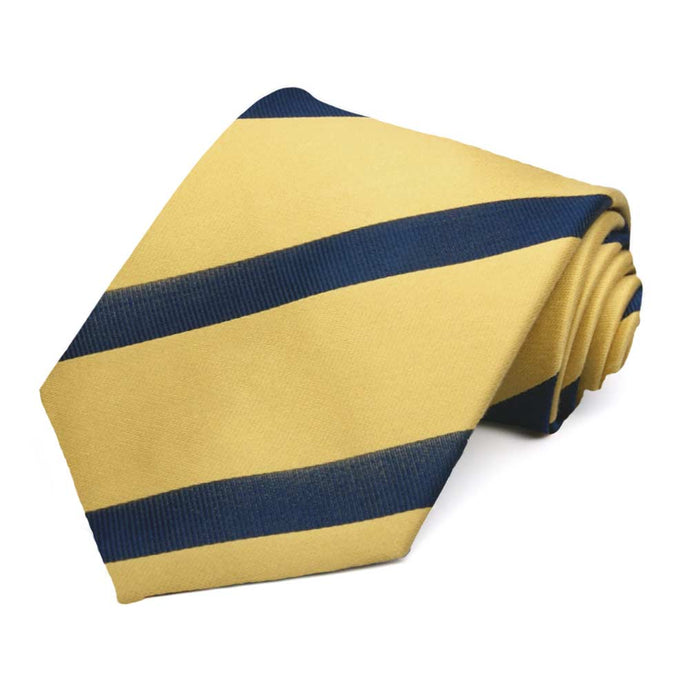 Light gold and navy blue striped extra long tie, rolled to show texture of stripes