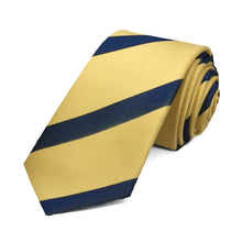 Load image into Gallery viewer, Light gold and navy blue striped skinny tie, rolled to show the texture of the stripes