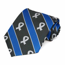 Load image into Gallery viewer, Black and blue stripe with white lung cancer awareness ribbon cotton/silk 63&quot; extra long necktie.