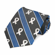 Load image into Gallery viewer, Black and blue stripe with white lung cancer awareness ribbon cotton/silk necktie.