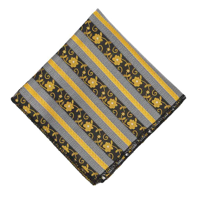 Flat view of a black and yellow floral striped pocket square