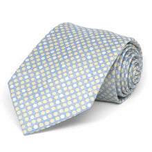 Load image into Gallery viewer, Rolled view of a light blue extra long tie featuring yellow and white dots