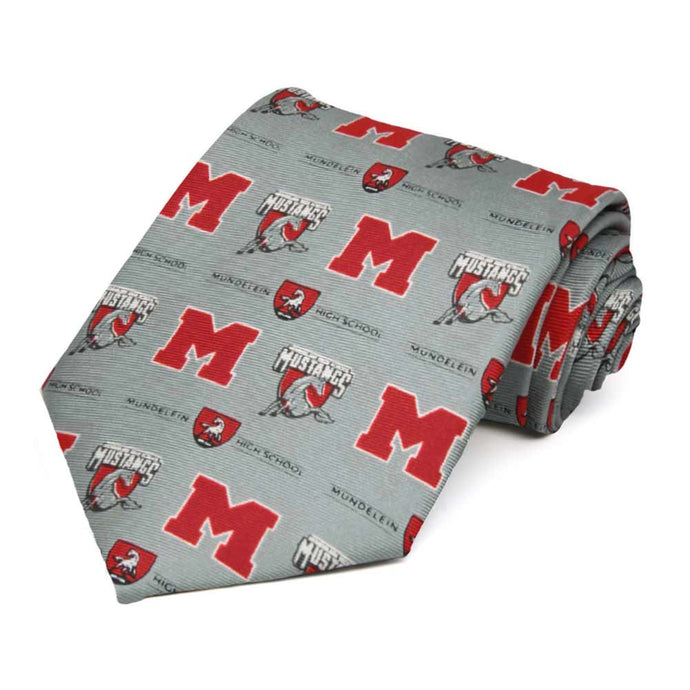 Mundelein High School Mustang red, white and gray theme extra long tie in gray