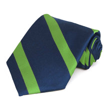 Load image into Gallery viewer, Navy blue and grass green striped extra long tie, rolled to show texture