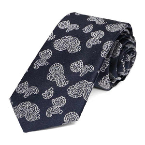 Navy blue paisley pattern rolled slim tie