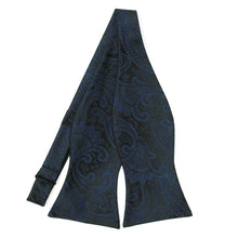 Load image into Gallery viewer, Navy blue paisley self-tie bow tie, untied flat front view