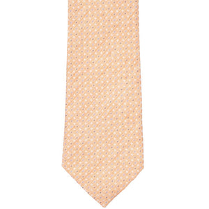 The front on an orange extra long tie with a small checked pattern