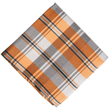 Load image into Gallery viewer, A folded orange white and gray plaid pocket square