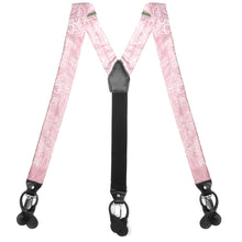 Load image into Gallery viewer, Light pink paisley suspenders, flat front view to show clips and straps