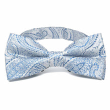 Load image into Gallery viewer, Light blue paisley bow tie, close up front view to show pattern