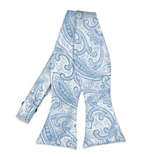 Load image into Gallery viewer, Light blue paisley self-tie bow tie, untied front view