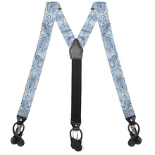 Load image into Gallery viewer, Light blue paisley suspenders, front view to show clips and straps