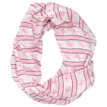 Load image into Gallery viewer, A pink and white infinity scarf with stripes and pink ribbons