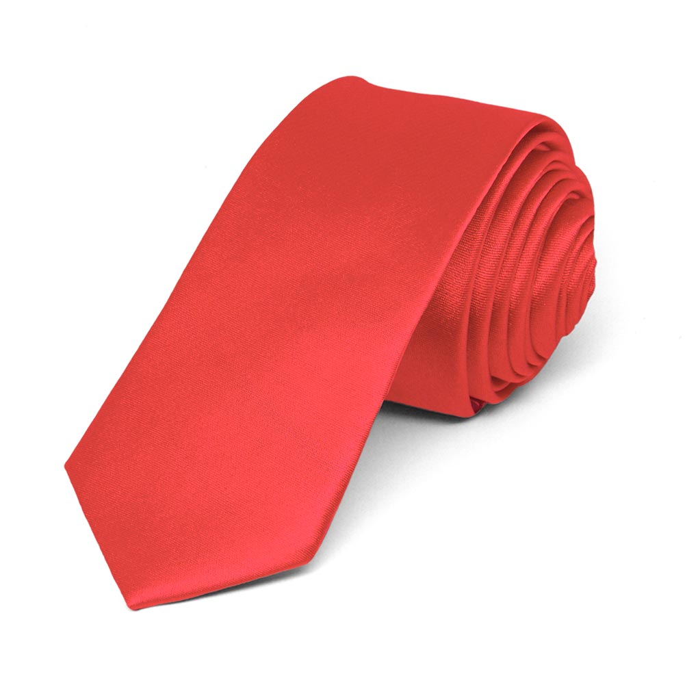 Poppy Red Skinny Solid Color Necktie, 2