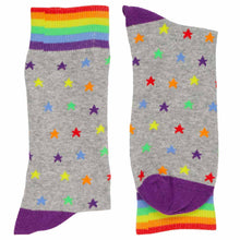 Load image into Gallery viewer, Folded pair of gray men&#39;s socks with stars in rainbow colors