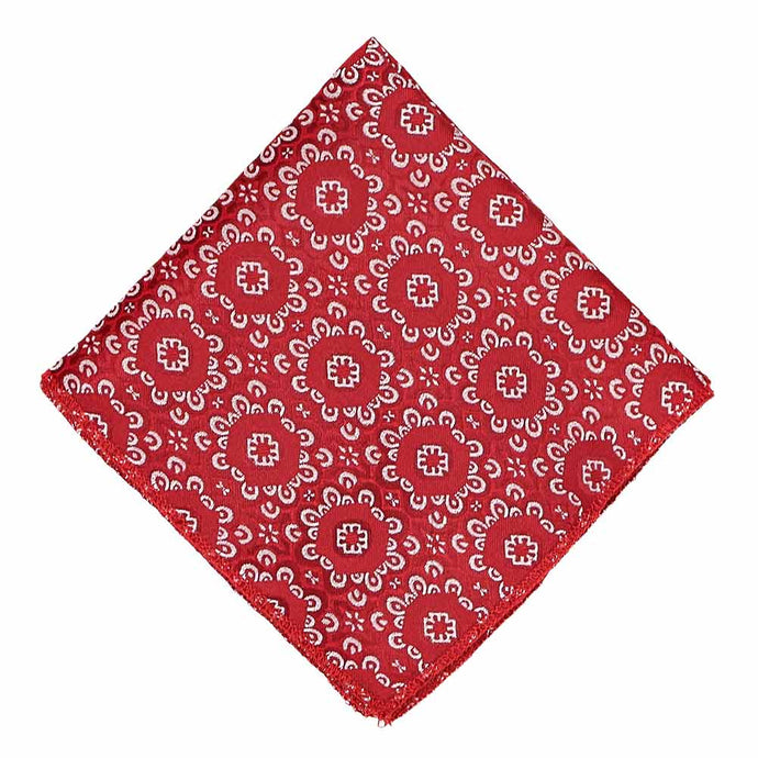 Flat view of red and white floral pattern pocket square