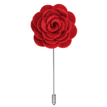 Load image into Gallery viewer, A red matte flower lapel pin with a silver tone pin