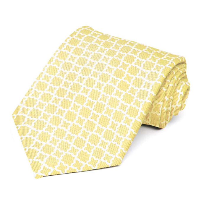 Soft yellow extra long necktie, rolled to show the white trellis design