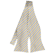 Load image into Gallery viewer, Untied view of a silver and yellow plaid self-tie bow tie