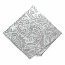 Load image into Gallery viewer, Silver paisley pocket square, flat front view