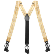 Load image into Gallery viewer, Light yellow paisley suspenders, front view to show clips and straps