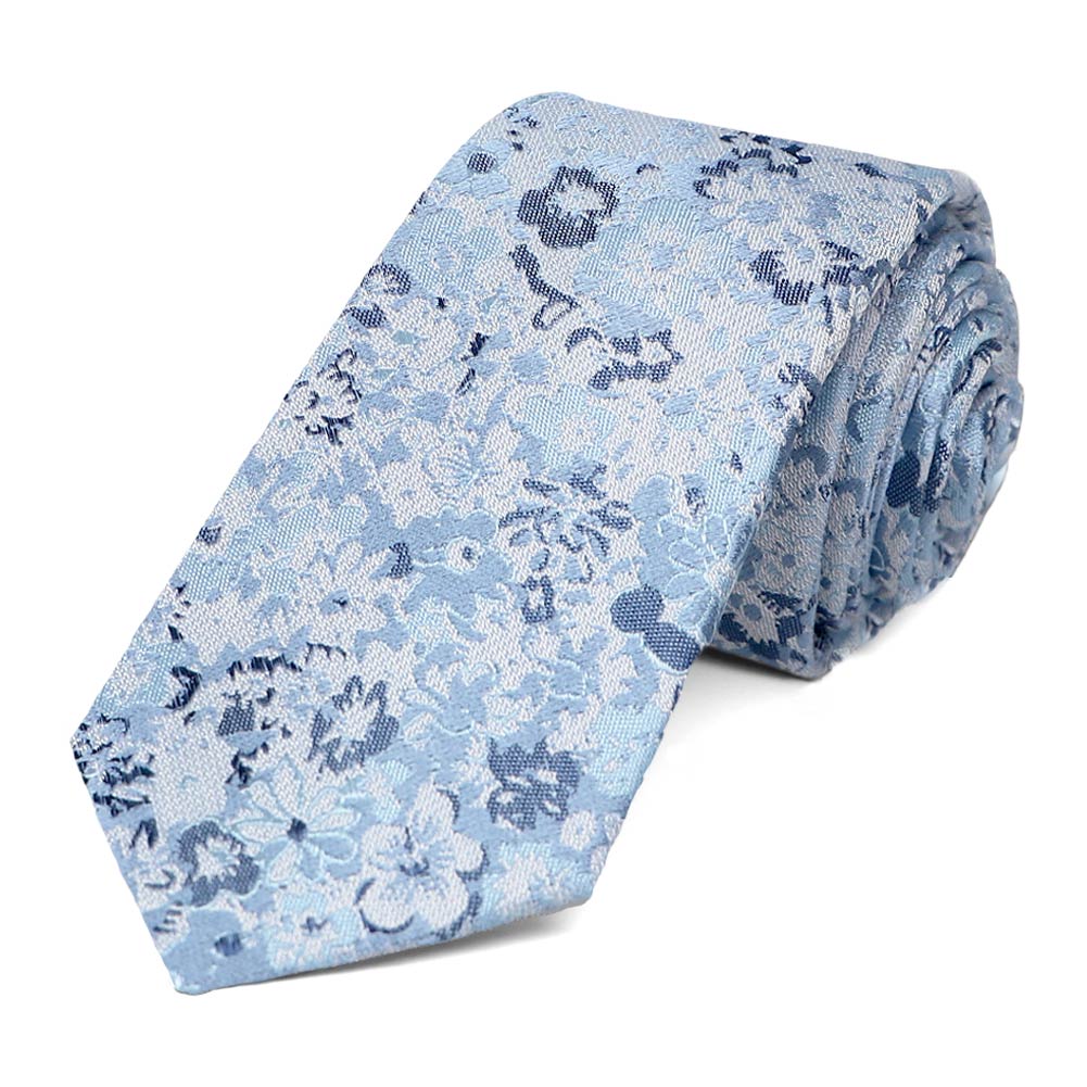 Steel Blue Floral Silk Slim Necktie, 2.5