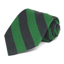 Load image into Gallery viewer, Green and dark gray wide stripe tie, rolled to show woven texture