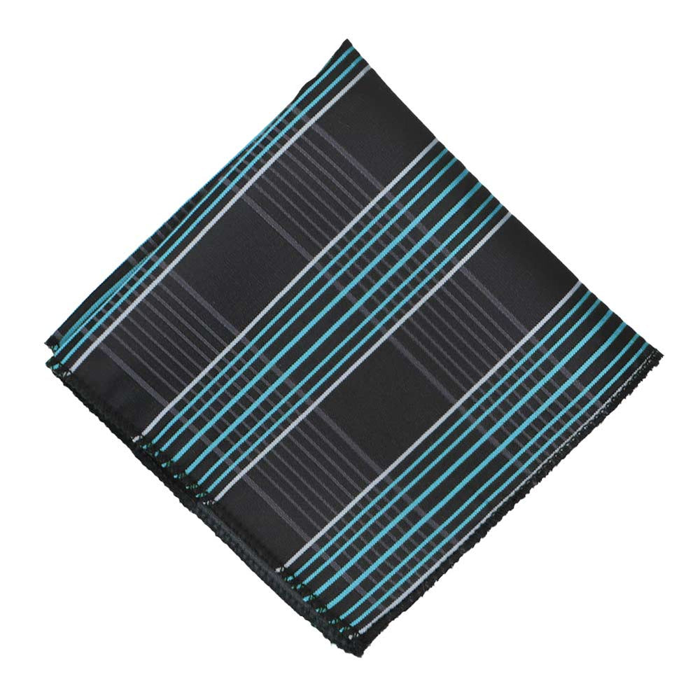 Turquoise and black plaid pocket square, flat front view