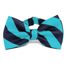 Load image into Gallery viewer, Turquoise and Navy Blue Striped Bow Tie