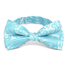 Load image into Gallery viewer, Turquoise paisley bow tie, close up front view