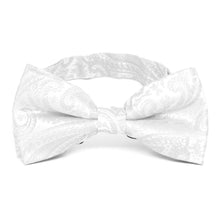 Load image into Gallery viewer, White paisley bow tie, close up front view to show pattern